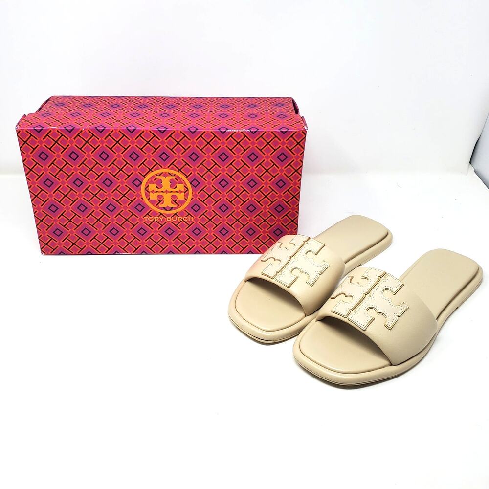 Tory Burch Double T Sport Slide Sandals Dulce De Leche Gold Cream 79985 Size 9 - Picture 2 of 10